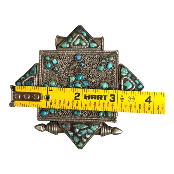 Antique Tibetan Gau Box Prayer Tribal Silver Turquoise Pendant Filigree 4" Large - Picture 5 of 7